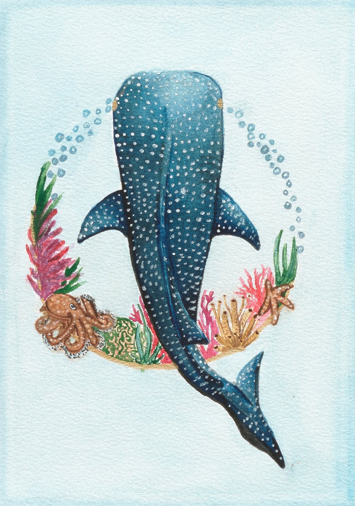 Through Blue Water whale shark fine art print in layered blue watercolour by Sarah Duck.